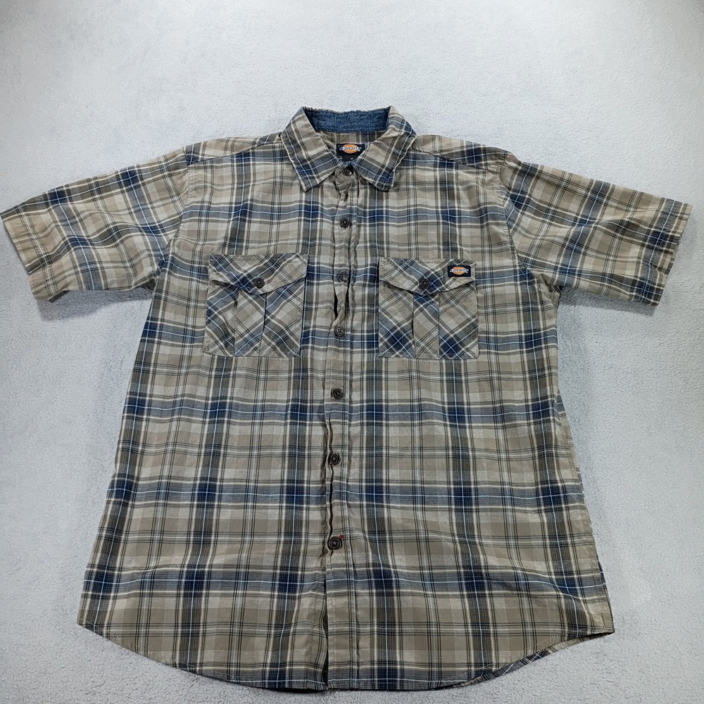 Dickies Mens Plaid Button Down Shirt Brown Blue M Short Sleeve Workwear